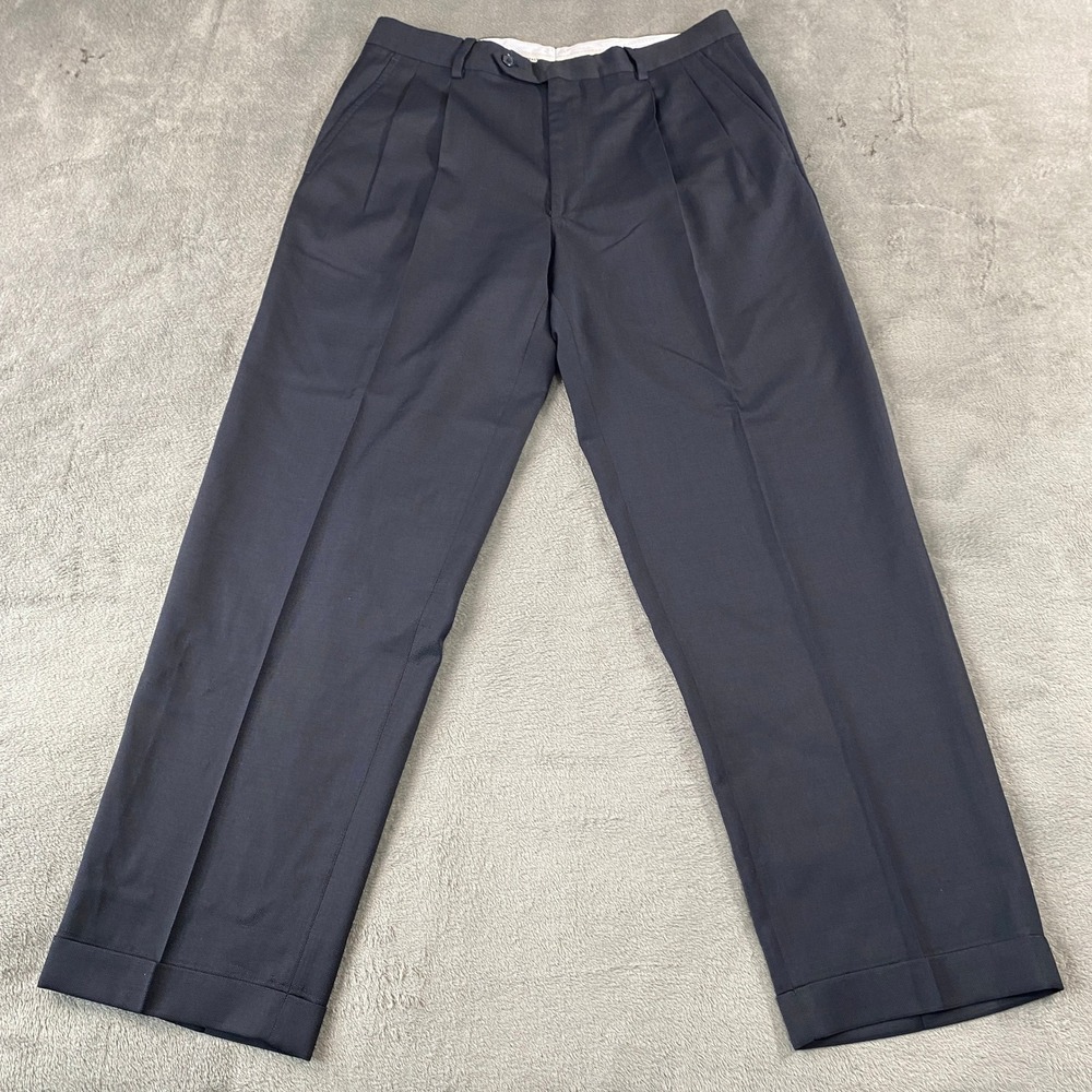 Kirkland Signature Dress Pants Mens 34x30 Navy Blue Italian Wool Pleated Cuffed